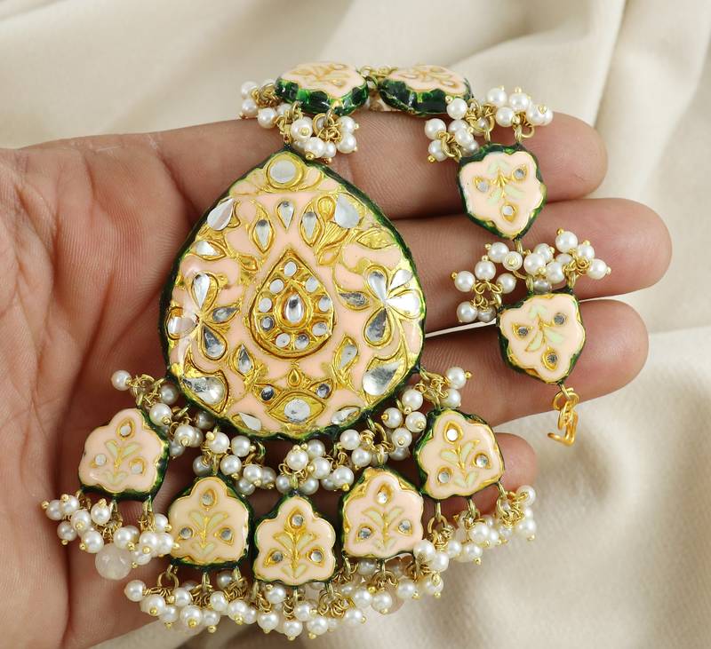 Meenakari White Quartz And Pearl Earrings with Mang Tikka Jewelry Set