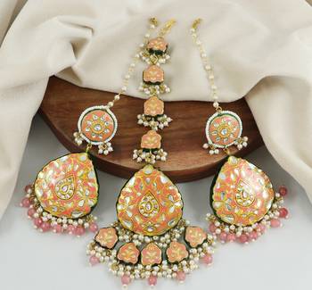 Polki White Pearl Beads Enameled Earrings with Mang Tikka Jewelry Set 1