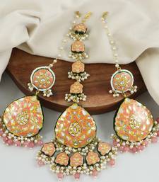 Polki White Pearl Beads Enameled Earrings with Mang Tikka Jewelry Set