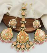 Polki White Pearl Beads Enameled Earrings with Mang Tikka Jewelry Set