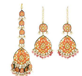 Polki White Pearl Beads Enameled Earrings with Mang Tikka Jewelry Set 2