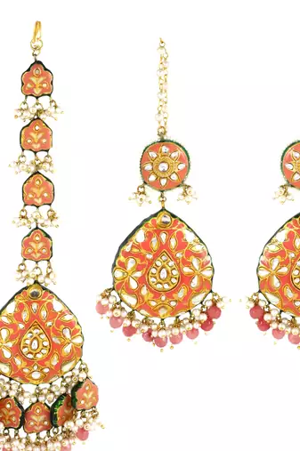 Polki White Pearl Beads Enameled Earrings with Mang Tikka Jewelry Set