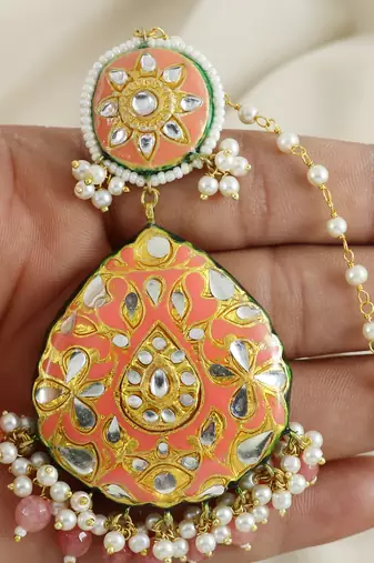 Polki White Pearl Beads Enameled Earrings with Mang Tikka Jewelry Set
