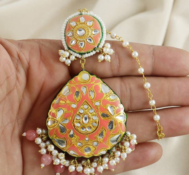 Polki White Pearl Beads Enameled Earrings with Mang Tikka Jewelry Set