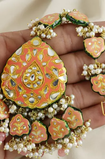 Polki White Pearl Beads Enameled Earrings with Mang Tikka Jewelry Set