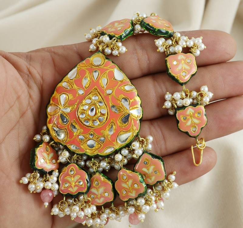 Polki White Pearl Beads Enameled Earrings with Mang Tikka Jewelry Set