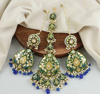 Green Enameled Pearl Beaded Earrings with Mang Tikka Jewelry Set 1