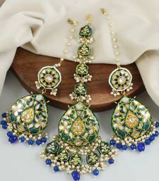 Green Enameled Pearl Beaded Earrings with Mang Tikka Jewelry Set
