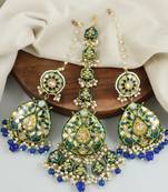 Green Enameled Pearl Beaded Earrings with Mang Tikka Jewelry Set