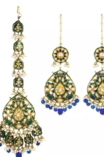 Green Enameled Pearl Beaded Earrings with Mang Tikka Jewelry Set