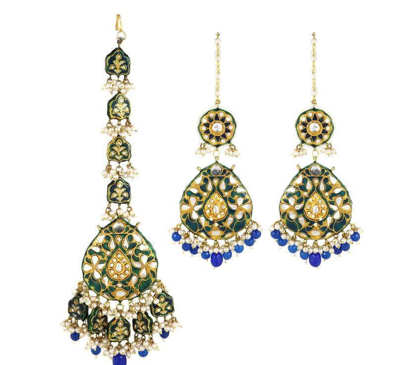 Green Enameled Pearl Beaded Earrings with Mang Tikka Jewelry Set