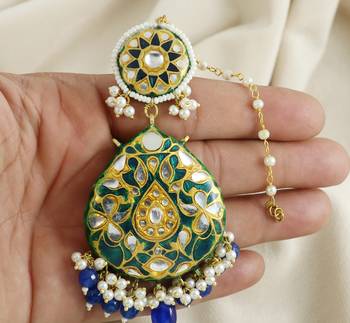 Green Enameled Pearl Beaded Earrings with Mang Tikka Jewelry Set 3