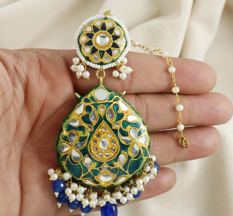 Green Enameled Pearl Beaded Earrings with Mang Tikka Jewelry Set