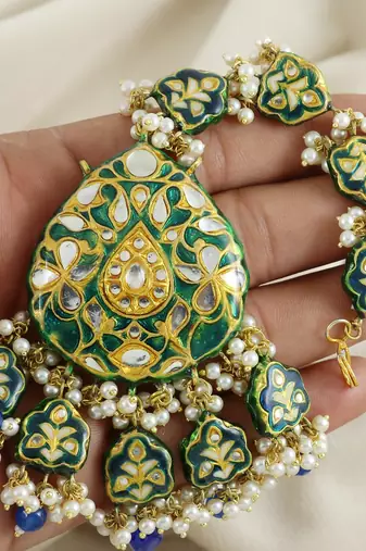 Green Enameled Pearl Beaded Earrings with Mang Tikka Jewelry Set