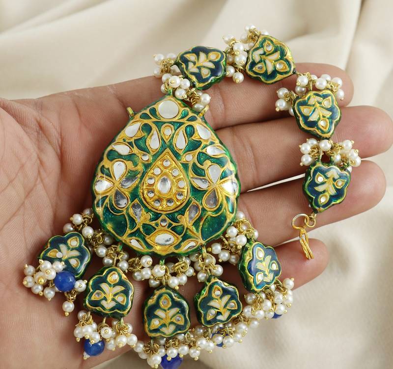 Green Enameled Pearl Beaded Earrings with Mang Tikka Jewelry Set