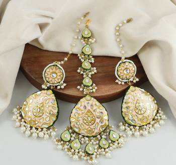 Kundan Meena White Pearl Earrings with Mang Tikka Jewelry Set 1