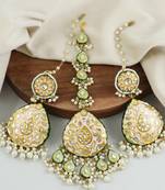 Kundan Meena White Pearl Earrings with Mang Tikka Jewelry Set