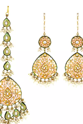 Kundan Meena White Pearl Earrings with Mang Tikka Jewelry Set