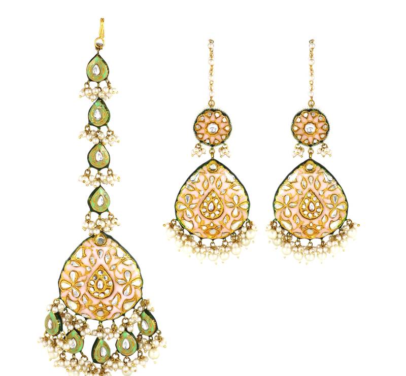 Kundan Meena White Pearl Earrings with Mang Tikka Jewelry Set