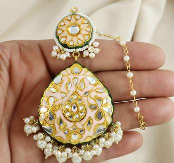 Kundan Meena White Pearl Earrings with Mang Tikka Jewelry Set 3