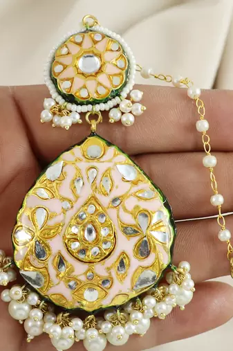 Kundan Meena White Pearl Earrings with Mang Tikka Jewelry Set