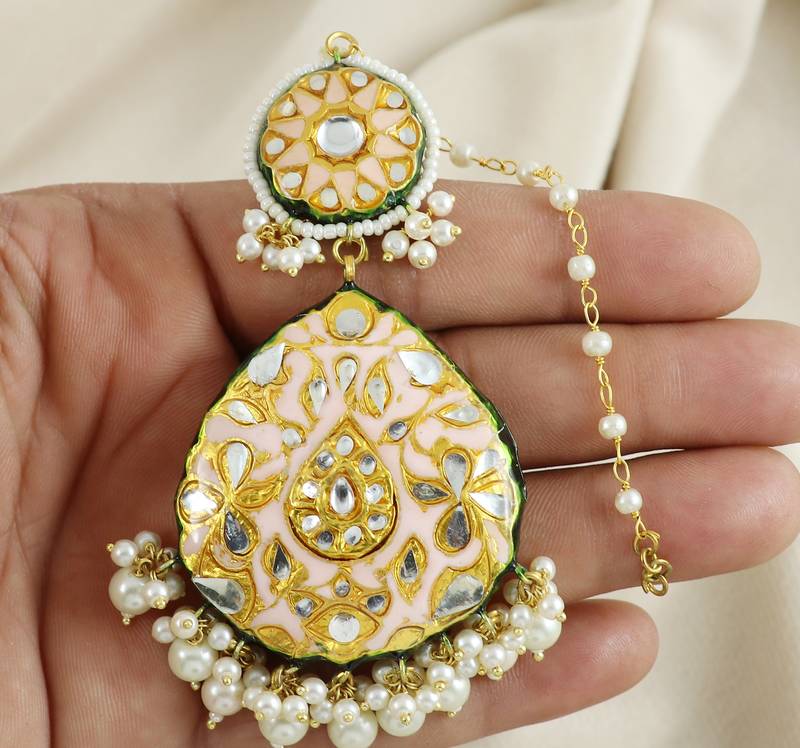Kundan Meena White Pearl Earrings with Mang Tikka Jewelry Set