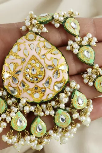 Kundan Meena White Pearl Earrings with Mang Tikka Jewelry Set