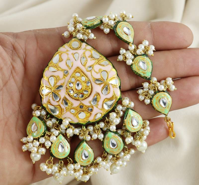 Kundan Meena White Pearl Earrings with Mang Tikka Jewelry Set
