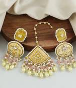 Rose Quartz Pearl Beads Enameled Earrings with Mang Tikka Jewelry Set