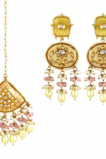 Rose Quartz Pearl Beads Enameled Earrings with Mang Tikka Jewelry Set