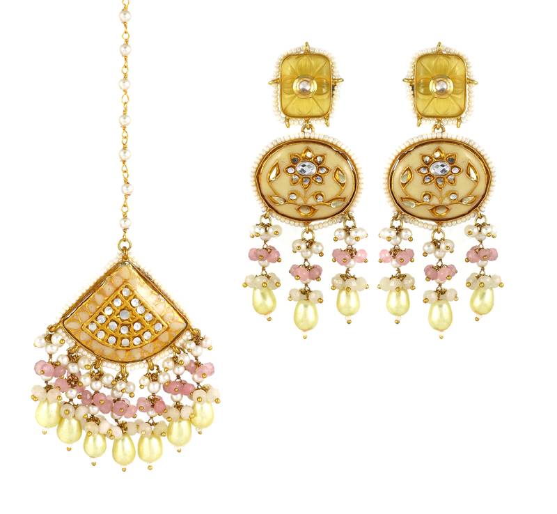 Rose Quartz Pearl Beads Enameled Earrings with Mang Tikka Jewelry Set