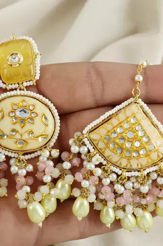 Rose Quartz Pearl Beads Enameled Earrings with Mang Tikka Jewelry Set