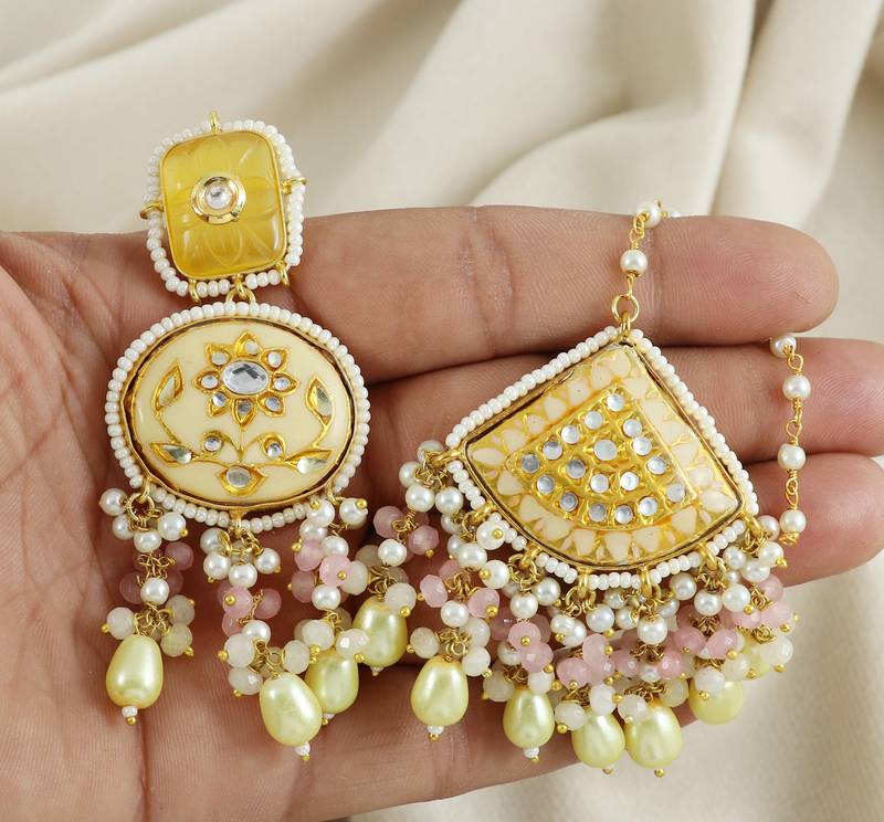 Rose Quartz Pearl Beads Enameled Earrings with Mang Tikka Jewelry Set