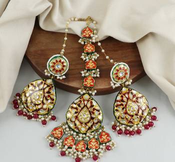 Red Enameled Pearl Beaded Earrings with Mang Tikka Jewelry Set 1