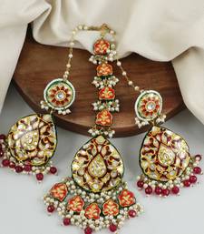 Red Enameled Pearl Beaded Earrings with Mang Tikka Jewelry Set