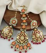 Red Enameled Pearl Beaded Earrings with Mang Tikka Jewelry Set
