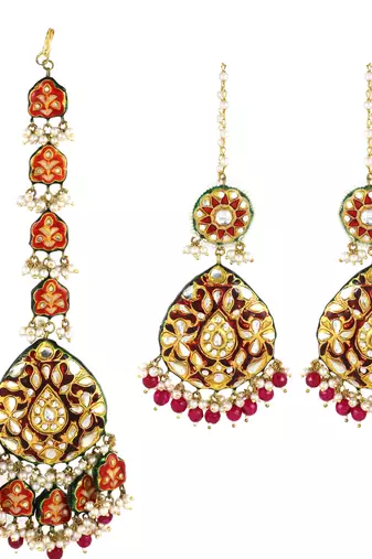 Red Enameled Pearl Beaded Earrings with Mang Tikka Jewelry Set