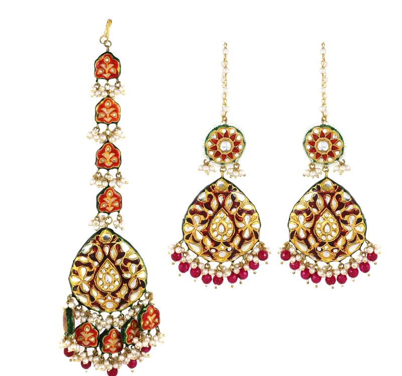 Red Enameled Pearl Beaded Earrings with Mang Tikka Jewelry Set