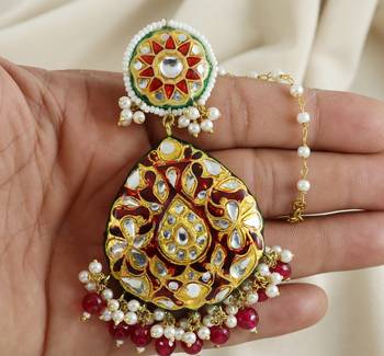 Red Enameled Pearl Beaded Earrings with Mang Tikka Jewelry Set 3