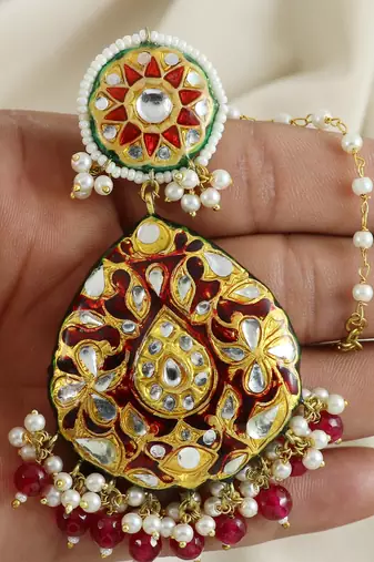 Red Enameled Pearl Beaded Earrings with Mang Tikka Jewelry Set