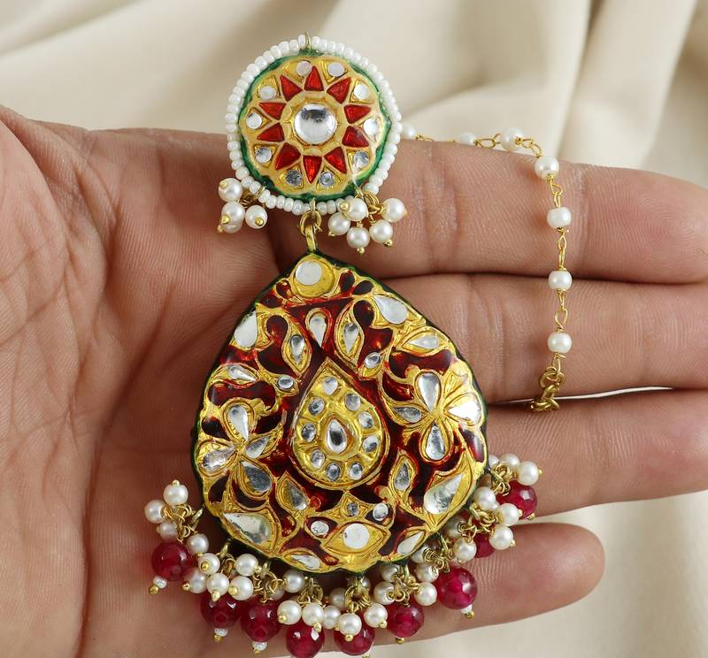 Red Enameled Pearl Beaded Earrings with Mang Tikka Jewelry Set