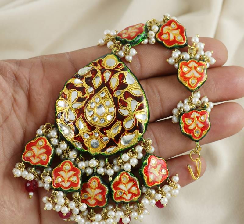 Red Enameled Pearl Beaded Earrings with Mang Tikka Jewelry Set