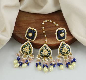 Rose Quartz Blue Sapphire Enameled Earrings with Mang Tikka Jewelry Set 1