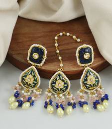 Rose Quartz Blue Sapphire Enameled Earrings with Mang Tikka Jewelry Set
