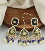 Rose Quartz Blue Sapphire Enameled Earrings with Mang Tikka Jewelry Set