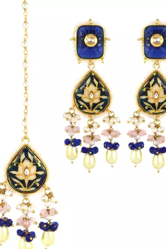 Rose Quartz Blue Sapphire Enameled Earrings with Mang Tikka Jewelry Set
