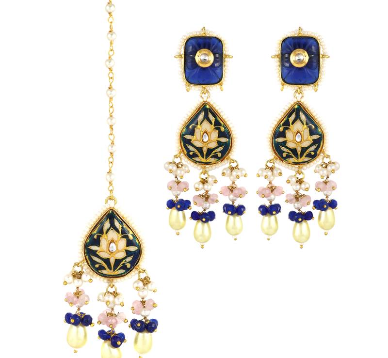Rose Quartz Blue Sapphire Enameled Earrings with Mang Tikka Jewelry Set