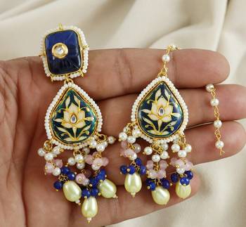 Rose Quartz Blue Sapphire Enameled Earrings with Mang Tikka Jewelry Set 3