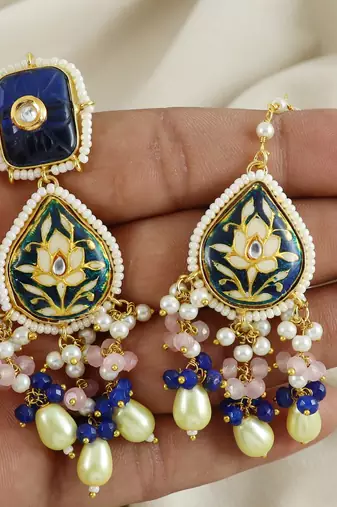 Rose Quartz Blue Sapphire Enameled Earrings with Mang Tikka Jewelry Set