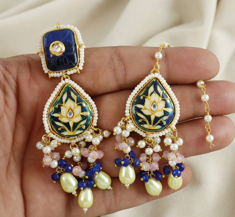 Rose Quartz Blue Sapphire Enameled Earrings with Mang Tikka Jewelry Set